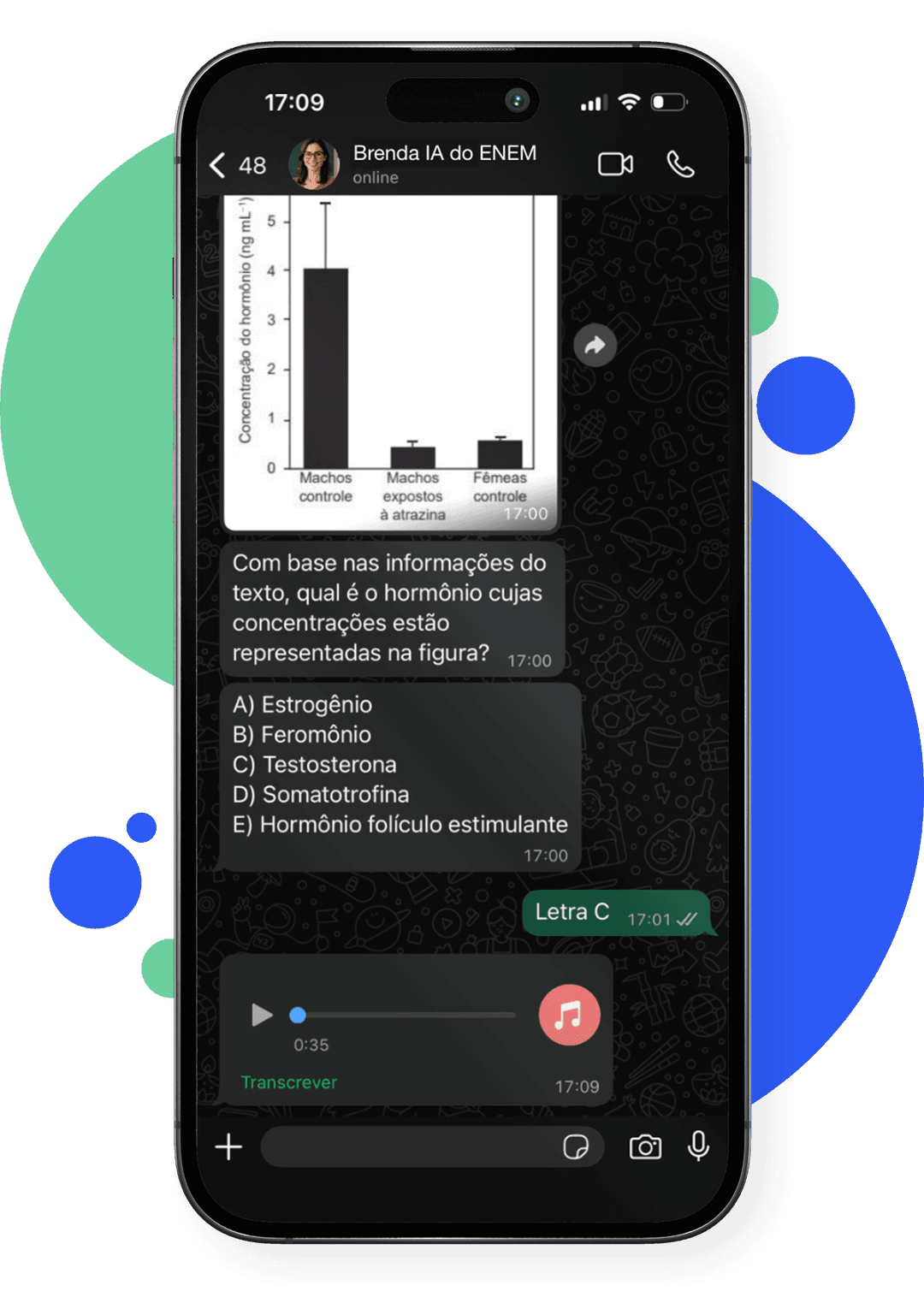 Interface do WhatsApp mostrando conversas de estudo para o ENEM com questão de biologia