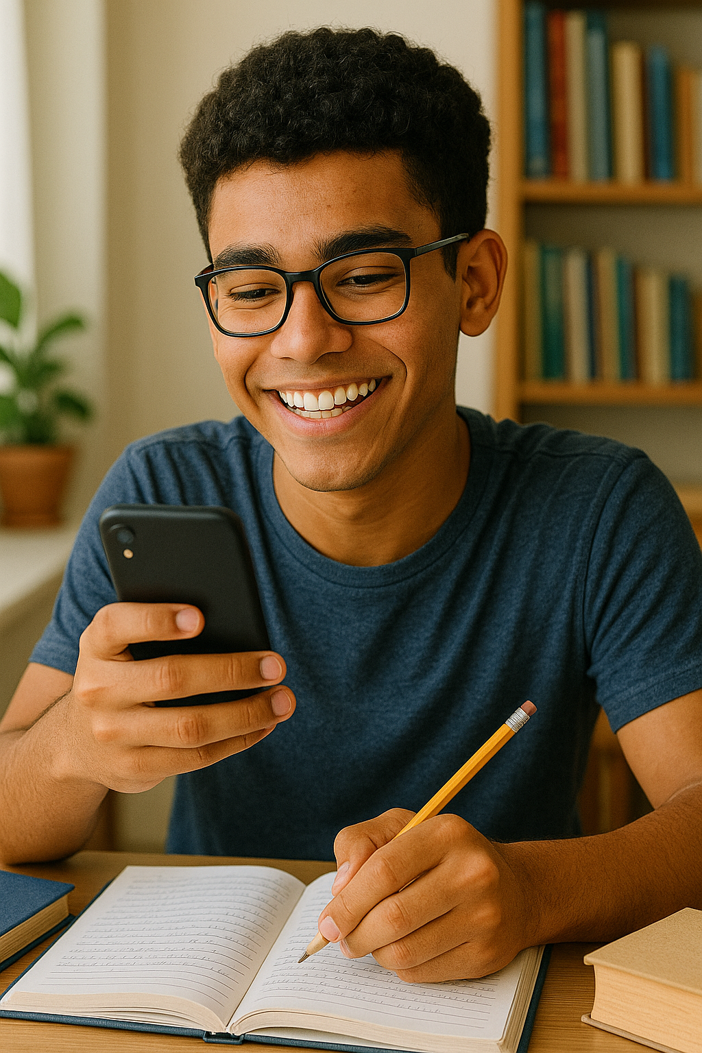 Estudante feliz usando celular e estudando